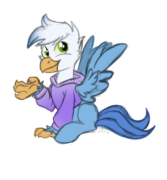 Size: 1280x1382 | Tagged: safe, artist:zhnlnx, derpibooru import, oc, oc:gren, hippogriff, clothes, cute, hoodie, image, interspecies offspring, magical lesbian spawn, next generation, offspring, only only, parent:gilda, parent:rainbow dash, parents:gildash, png, solo