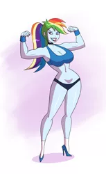Size: 949x1546 | Tagged: suggestive, alternate version, artist:annon, derpibooru import, rainbow dash, human, equestria girls, belly button, big breasts, bimbo, bimbo dash, breasts, busty rainbow dash, choker, cleavage, clothes, female, high heels, humanized, image, jpeg, sexy, shoes, solo, solo female, stupid sexy rainbow dash