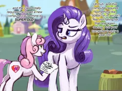 Size: 2732x2048 | Tagged: safe, artist:phutashi, derpibooru import, rarity, sweetie belle, pony, unicorn, dialogue, duo, female, filly, foal, high res, hoof hold, image, lies, list, mare, missing horn, png, raised hoof, rarity is not amused, siblings, sisters, unamused