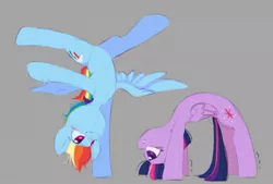 Size: 1200x813 | Tagged: safe, artist:melodylibris, derpibooru import, rainbow dash, twilight sparkle, twilight sparkle (alicorn), alicorn, pegasus, pony, bridge stretch, cutie mark, duo, female, flexible, gray background, handstand, horn, image, jpeg, simple background, sketch, smiling, spread wings, straining, stretching, upside down, wings