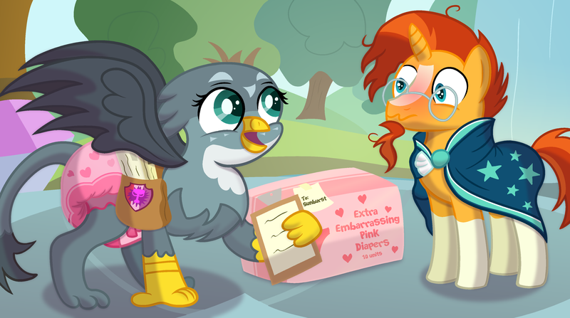 Size: 2800x1565 | Tagged: questionable, artist:sweetielover, derpibooru import, gabby, sunburst, gryphon, pony, unicorn, bag, blushing, countryside, diaper, diaper fetish, diaper package, duo, female, fetish, image, mail, mailbag, male, outdoors, png, school of friendship, tree, water, waterfall