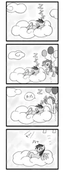 Size: 1075x2811 | Tagged: safe, artist:forest0816, derpibooru import, pinkie pie, rainbow dash, earth pony, pegasus, pony, balloon, cloud, comic, duo, duo female, eating, eyes closed, female, image, japanese, manga, monochrome, moon runes, mouth hold, onomatopoeia, open mouth, png, simple background, sky, sleeping, smiling, sound effects, speech bubble, waking up, white background, wings, zzz