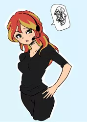 Size: 1365x1920 | Tagged: safe, artist:forest0816, derpibooru import, sunset shimmer, equestria girls, blue background, breasts, clothes, female, hand on hip, headset, headset mic, image, jpeg, outline, simple background, solo, speech bubble