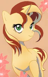 Size: 1283x2048 | Tagged: safe, artist:forest0816, derpibooru import, sunset shimmer, pony, unicorn, female, flower, horn, image, jpeg, looking at you, mare, simple background, smiling, smiling at you, solo