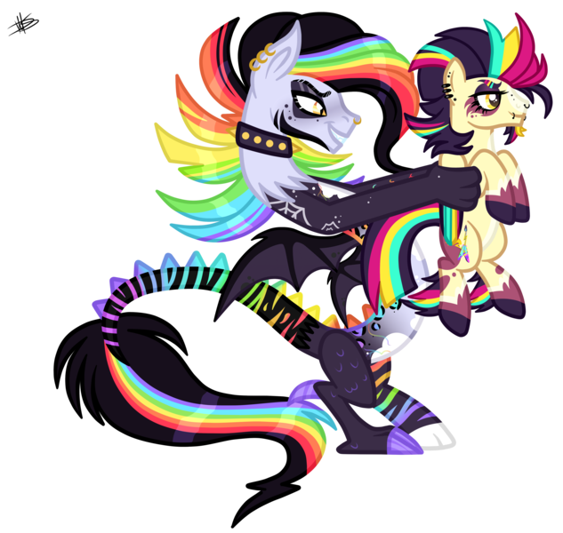 Size: 3787x3589 | Tagged: safe, artist:princessmoonsilver, derpibooru import, oc, oc:cosmic mayhem, oc:lightning spark, draconequus, pegasus, pony, draconequus oc, ear piercing, image, multicolored hair, nose piercing, piercing, png, rainbow hair, rainbow tail, reference used, simple background, tail, transparent background