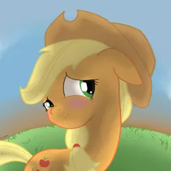 Size: 3000x3000 | Tagged: safe, artist:reinbou, derpibooru import, applejack, earth pony, pony, applejack's hat, bashful, blush sticker, blushing, cowboy hat, cute, hat, image, jackabetes, jpeg, looking away, simple background, solo