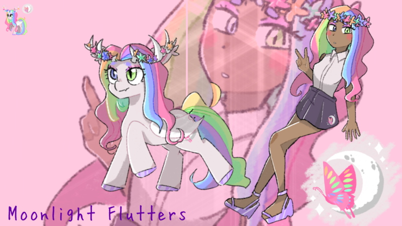 Size: 1280x720 | Tagged: safe, artist:metaruscarlet, derpibooru import, oc, oc:moonlight flutters, unofficial characters only, bat pony, deer, deer pony, human, hybrid, original species, pony, bat pony oc, bat wings, blushing, clothes, dark skin, deer oc, eyeshadow, feet, female, floral head wreath, flower, horns, humanized, humanized oc, image, makeup, mare, multicolored hair, non-pony oc, peace sign, png, rainbow hair, raised hoof, reference sheet, sandals, shirt, skirt, sleeveless, solo, unshorn fetlocks, wings