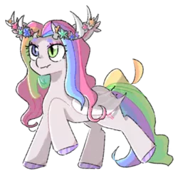 Size: 768x768 | Tagged: safe, artist:metaruscarlet, derpibooru import, oc, oc:moonlight flutters, unofficial characters only, bat pony, deer, deer pony, hybrid, original species, pony, bat pony oc, bat wings, deer oc, derpibooru exclusive, eyeshadow, female, floral head wreath, flower, heterochromia, horns, image, makeup, mare, multicolored hair, non-pony oc, png, rainbow hair, raised hoof, simple background, solo, transparent background, unshorn fetlocks, wings