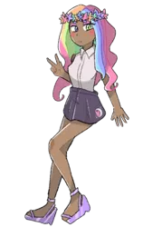 Size: 758x1200 | Tagged: safe, artist:metaruscarlet, derpibooru import, oc, oc:moonlight flutters, unofficial characters only, human, blushing, clothes, dark skin, derpibooru exclusive, eyeshadow, feet, floral head wreath, flower, heterochromia, humanized, humanized oc, image, makeup, multicolored hair, peace sign, png, rainbow hair, sandals, shirt, simple background, skirt, sleeveless, solo, transparent background