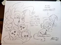 Size: 1024x768 | Tagged: safe, artist:mellodillo, derpibooru import, pinkie pie, trixie, oc, earth pony, pony, unicorn, baby, baby pony, cute, dialogue, drool, female, filly, foal, grayscale, holding a pony, image, jpeg, lesbian, magical lesbian spawn, mare, monochrome, offspring, open mouth, open smile, parent:pinkie pie, parent:trixie, parents:trixiepie, pencil drawing, shipping, sitting, smiling, traditional art, triplets, trixiepie