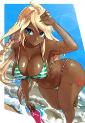 Size: 1936x2812 | Tagged: suggestive, artist:chigusa, banned from derpibooru, edit, editor:anonymous, applejack, human, equestria girls, abs, applebucking thighs, applebutt, armpits, ass, barefoot, beach, belly button, big breasts, bikini, breasts, busty applejack, butt, cleavage, clothes, curvy, cutie mark, cutie mark on equestria girl, dark skin, feet, female, humanized, image, large butt, looking at you, muscles, png, sandals, skin color edit, smiling, solo, solo female, stupid sexy applejack, swimsuit, the ass was fat, thighs, thunder thighs, water, wide hips