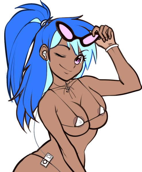 Size: 844x1024 | Tagged: questionable, artist:rileyav, color edit, edit, edited edit, editor:anonymous, editor:theabridgenator, vinyl scratch, human, alternate hairstyle, anime, areola, bikini, bracelet, breasts, busty vinyl scratch, clothes, colored, dark skin, earbuds, female, humanized, image, implied octavia, ipod, jewelry, jpeg, micro bikini, necklace, nipples, nudity, one eye closed, photoshop, ponytail, scrunchie, sketch, skin color edit, solo, solo female, swimsuit, wink