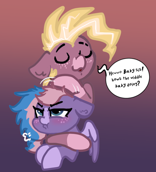 Size: 726x796 | Tagged: safe, artist:nootaz, derpibooru import, oc, oc:may mache, oc:speed paint, unofficial characters only, pegasus, pony, blushing, breath, dialogue, duo, eyes closed, freckles, frustrated, image, noogie, png, scrunchy face, unamused