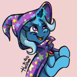 Size: 1920x1920 | Tagged: safe, artist:ilcerbiastrello, derpibooru import, trixie, pony, unicorn, beige background, cape, clothes, female, glow, glowing horn, hat, horn, image, jpeg, mare, signature, simple background, solo, trixie's cape, trixie's hat