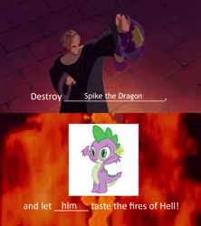Size: 500x562 | Tagged: safe, editor:spikeabuser, spike, dragon, abuse, crossover, disney, hellfire, image, judge claude frollo, male, op is not even trying, op is on drugs, png, reference, spikeabuse