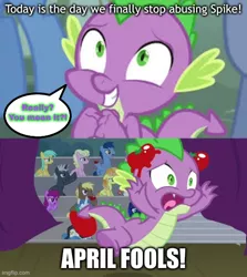Size: 500x560 | Tagged: safe, edit, edited screencap, editor:spikeabuser, screencap, spike, dragon, horse play, it ain't easy being breezies, abuse, april fools, april fools 2022, april fools day, booing, food, image, male, png, speech bubble, spikeabuse, stage, text, tomato, tomatoes