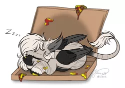 Size: 3256x2306 | Tagged: safe, artist:julunis14, derpibooru import, oc, oc:devilvoice, bat pony, pony, bat pony oc, bat wings, ear piercing, female, food, image, leonine tail, mare, piercing, pizza, pizza box, png, sleeping, solo, solo female, tail, wings