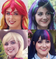 Size: 3876x4086 | Tagged: safe, artist:maddymoiselle, artist:sarahndipity cosplay, derpibooru import, applejack, starlight glimmer, sunset shimmer, twilight sparkle, human, equestria girls, clothes, cosplay, costume, everfree northwest 2019, grin, image, irl, irl human, jpeg, photo, smiling