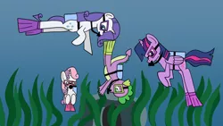 Size: 1920x1080 | Tagged: safe, artist:platinumdrop, derpibooru import, rarity, spike, sweetie belle, twilight sparkle, twilight sparkle (alicorn), alicorn, image, png, request, scuba diving, scuba gear, underwater, water