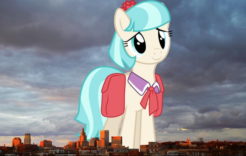 Size: 1555x985 | Tagged: safe, artist:90sigma, artist:thegiantponyfan, derpibooru import, coco pommel, earth pony, pony, bag, female, giant pony, giant/macro coco pommel, giant/macro earth pony, giant/mega coco pommel, giantess, highrise ponies, image, irl, macro, mare, mega giant, photo, png, ponies in real life, providence, rhode island, saddle bag