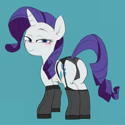 Size: 2500x2500 | Tagged: suggestive, artist:baigak, derpibooru import, rarity, pony, unicorn, bedroom eyes, blue background, butt, clothes, female, garter belt, horn, image, jpeg, looking at you, looking back, looking back at you, mare, panties, plot, rearity, simple background, smiling, smiling at you, socks, solo, solo female, stockings, thigh highs, underwear