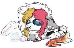 Size: 1540x998 | Tagged: safe, artist:beamybutt, derpibooru import, oc, unofficial characters only, pegasus, pony, :p, commission, ear fluff, ear piercing, earring, eye clipping through hair, image, jar, jewelry, lying down, mochi, nose piercing, nose ring, pegasus oc, piercing, png, prone, simple background, solo, talking, tongue out, transparent background, wings, ych result