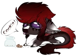 Size: 1417x1029 | Tagged: safe, artist:beamybutt, derpibooru import, oc, unofficial characters only, pegasus, pony, :p, commission, cookie, cookie jar, ear fluff, food, image, jar, lying down, pegasus oc, png, prone, simple background, solo, talking, tongue out, transparent background, wings, ych result