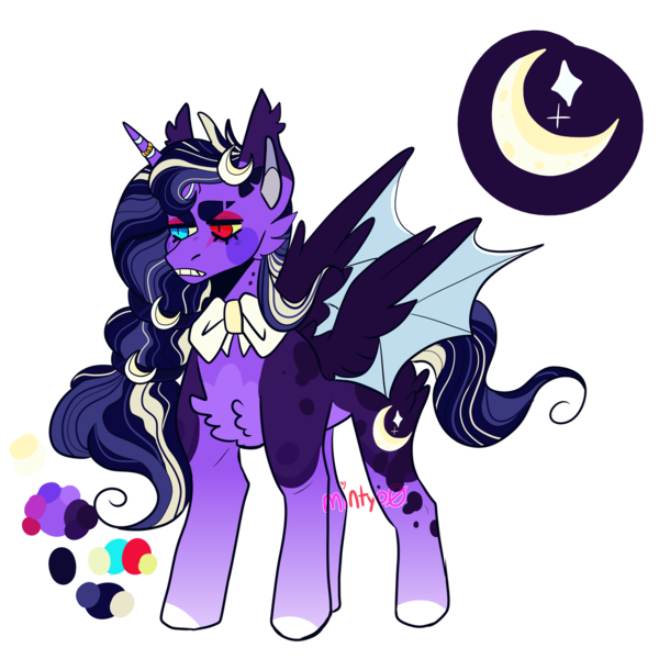 Size: 1920x1920 | Tagged: safe, artist:mintyo0s, derpibooru import, princess luna, alicorn, bat pony, bat pony alicorn, pony, bat wings, bow, colored hooves, heterochromia, horn, image, png, redesign, simple background, solo, story included, transparent background, twitterina design, wings