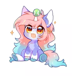 Size: 612x651 | Tagged: safe, artist:dreamsugar, derpibooru import, oc, unofficial characters only, pony, unicorn, ball, bracelet, chibi, eye clipping through hair, female, horn, hornball, image, jewelry, jpeg, looking at something, looking up, open mouth, simple background, solo, tennis ball, white background