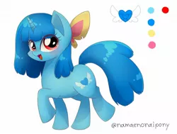 Size: 2006x1515 | Tagged: safe, artist:namaenonaipony, derpibooru import, oc, oc:aqua twinkie, unofficial characters only, pony, unicorn, cutie mark, eye clipping through hair, female, horn, image, jpeg, looking at you, mare, open mouth, raised hoof, raised leg, simple background, solo, white background