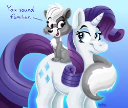 Size: 1280x1082 | Tagged: safe, artist:ceruleanazura, derpibooru import, rarity, pony, skunk, unicorn, animal, blue background, crossover, cute, female, image, jpeg, littlest pet shop, looking at each other, looking at someone, pepper clark, simple background, sitting on, sitting on person, sitting on pony, smiling, text, voice actor joke
