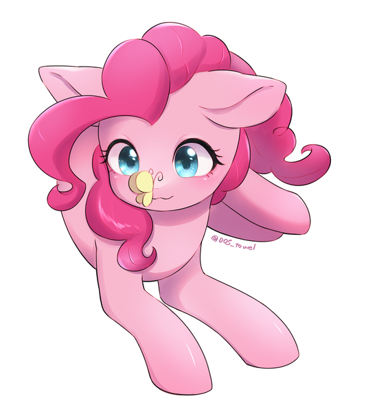 Size: 3021x3402 | Tagged: safe, artist:dos_towel, derpibooru import, pinkie pie, butterfly, earth pony, insect, pony, butterfly on nose, female, floppy ears, image, insect on nose, looking at something, lying down, mare, png, prone, simple background, solo, white background