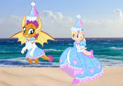 Size: 1384x969 | Tagged: safe, artist:boogeyboy1, derpibooru import, megan williams, smolder, dragon, human, beach, beautiful, bow, clothes, crossover, cute, dragoness, dress, duo, duo female, female, froufrou glittery lacy outfit, gloves, hair bow, happy, hat, hennin, image, irl background, jpeg, long gloves, looking at each other, looking at someone, megandorable, ocean, pretty, princess, princess smolder, sand, smiling, smiling at each other, smolderbetes, water