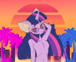 Size: 2777x2245 | Tagged: safe, artist:toxix kitkat, derpibooru import, twilight sparkle, anthro, unicorn, abstract background, adorasexy, arm behind head, cute, female, glasses, image, palm tree, png, retro, retrowave, sexy, solo, solo female, synthwave, tree, unicorn twilight