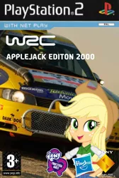 Size: 720x1073 | Tagged: safe, derpibooru import, applejack, equestria girls, car, cover, hasbro, image, logo, playstation 2, png, seat, seat cordoba, smiling, solo, video game, world rally championship, wrc