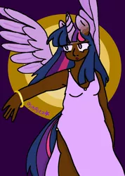 Size: 1420x2000 | Tagged: safe, artist:xxg0d34terxx, derpibooru import, twilight sparkle, human, alicorn humanization, blackwashing, bracelet, clothes, dark skin, dress, eared humanization, female, horn, horned humanization, humanized, image, jewelry, png, side slit, solo, tail, tailed humanization, winged humanization, wings