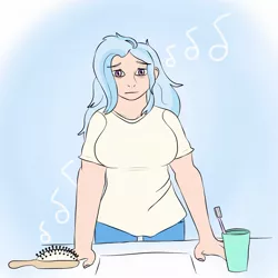 Size: 1619x1619 | Tagged: safe, artist:japaw, derpibooru import, trixie, human, bathroom, breasts, brush, busty trixie, clothes, cup, female, hairbrush, humanized, image, jpeg, messy hair, music notes, pants, shirt, sink, solo, t-shirt, toothbrush