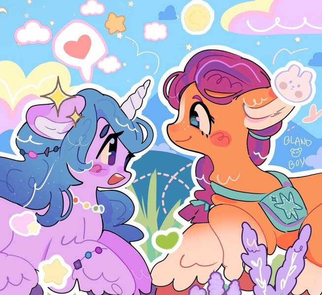 Size: 1284x1180 | Tagged: safe, artist:bland__boy, derpibooru import, izzy moonbow, sunny starscout, butterfly, earth pony, insect, pony, unicorn, bag, bracelet, cloud, duo, duo female, female, floppy ears, g5, grass, heart, horn, image, jewelry, jpeg, looking at each other, looking at someone, love, mare, necklace, open mouth, profile, saddle bag, sparkles, speech bubble, sun