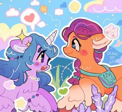 Size: 1284x1180 | Tagged: safe, artist:bland__boy, derpibooru import, izzy moonbow, sunny starscout, butterfly, earth pony, insect, pony, unicorn, bag, bracelet, cloud, duo, duo female, female, floppy ears, g5, grass, heart, horn, image, jewelry, jpeg, looking at each other, looking at someone, love, mare, necklace, open mouth, profile, saddle bag, sparkles, speech bubble, sun