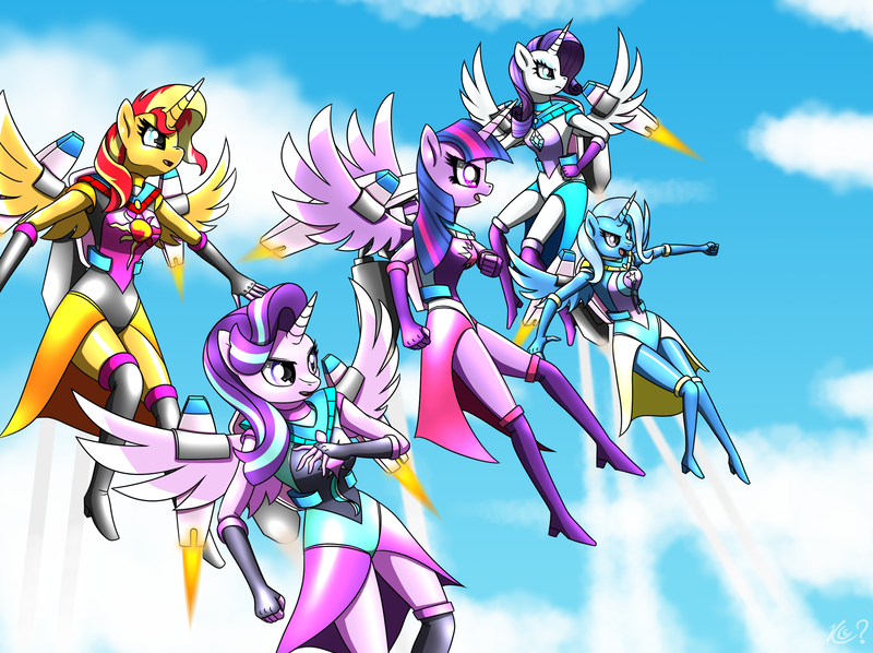 Size: 2582x1930 | Tagged: safe, artist:questionmarkdragon, derpibooru import, rarity, starlight glimmer, sunset shimmer, trixie, twilight sparkle, twilight sparkle (alicorn), alicorn, anthro, alicornified, clothes, determined look, flying, image, leotard, png, race swap, raricorn, ready to fight, shimmercorn, sky, sky background, starlicorn, trixiecorn, xk-class end-of-the-world scenario