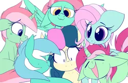 Size: 2517x1637 | Tagged: safe, artist:dragonpone, derpibooru import, bon bon, cotton mint, lyra heartstrings, mint julep, minty, minty breeze, minty bubblegum, sweetie drops, earth pony, pegasus, pony, unicorn, g3, bipedal, bipedal leaning, blushing, derpibooru exclusive, eyes closed, female, floppy ears, flying, g3 to g4, g4, generation leap, group, image, leaning, lesbian, lidded eyes, lip bite, looking down, lyrabon, mare, nervous, open mouth, open smile, png, shipping, shrunken pupils, sitting, smiling, spread wings, sweat, tongue out, wings