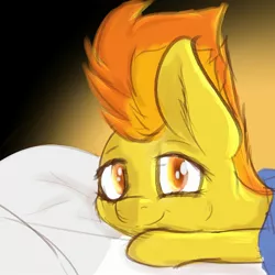 Size: 2234x2235 | Tagged: safe, artist:simplesample, derpibooru import, spitfire, pegasus, pony, bed, gradient background, image, jpeg, looking at you, pillow, solo