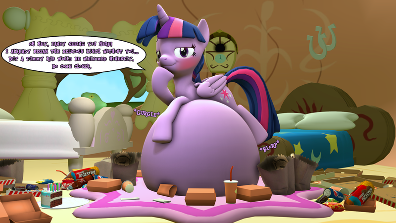 Size: 1920x1080 | Tagged: questionable, artist:zapattackinflation, derpibooru import, twilight sparkle, twilight sparkle (alicorn), alicorn, pony, bags, bed, belly, belly bed, big belly, birthday cake, blushing, cake, chocolate, coke, drink, feral, food, golden oaks library, gurgling, huge belly, image, impossibly large belly, library, onomatopoeia, pepsi, photo, pizza box, png, soda, solo, sound effects, speech bubble, text, twilight's bedroom, weight gain, wings