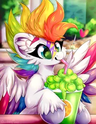 Size: 2000x2580 | Tagged: safe, artist:woonborg, derpibooru import, zipp storm, pegasus, pony, my little pony: tell your tale, spoiler:g5, spoiler:my little pony: tell your tale, spoiler:tyts01e22, adorazipp, alternate hairstyle, cute, ear fluff, female, g5, happy, heart, image, makeup, mare, mohawk, multicolored hair, png, rainbow hair, smoothie, solo, unshorn fetlocks, zipp's yes day