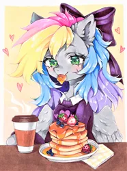 Size: 1739x2338 | Tagged: safe, artist:manekoart, derpibooru import, oc, oc:blazey sketch, unofficial characters only, pegasus, blueberry, bow, clothes, coffee, colorful mane, cute, food, green eyes, grey fur, hair bow, heart, image, jpeg, long hair, pancakes, pastel, pegasus oc, simple background, solo, strawberry, sweater, wings, yellow background