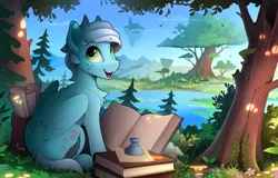 Size: 2350x1505 | Tagged: safe, artist:yakovlev-vad, derpibooru import, oc, unofficial characters only, pegasus, pony, book, chest fluff, floating island, forest, freckles, image, inkwell, open mouth, open smile, patreon, patreon reward, pegasus oc, png, scenery, scroll, sitting, smiling, solo, tree, water, wings