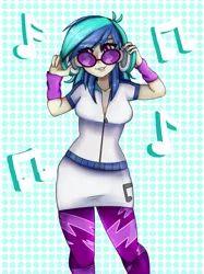 Size: 2048x2732 | Tagged: safe, artist:kittygutzzart, derpibooru import, vinyl scratch, human, equestria girls, arm warmers, clothes, cute, female, grin, image, leggings, music notes, png, shirt, skirt, smiling, solo, vinyl's glasses, vinylbetes