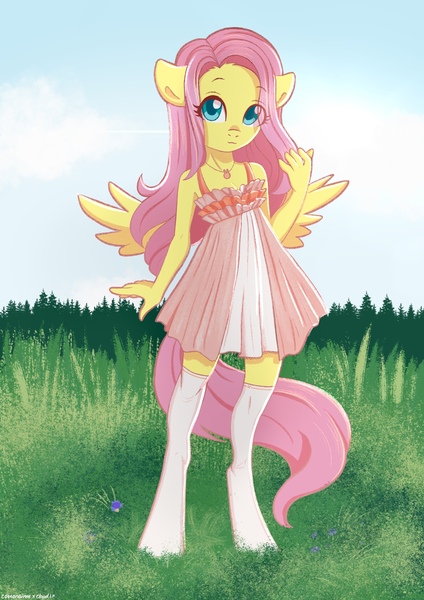 Size: 2480x3508 | Tagged: safe, artist:chickenbrony, artist:cloud_up, derpibooru import, fluttershy, anthro, pegasus, pony, clothes, collaboration, cute, dress, image, jpeg, looking at you, socks, solo, stockings, thigh highs