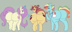 Size: 1500x668 | Tagged: safe, artist:weasselk, author:bigonionbean, derpibooru import, apple bloom, bow hothoof, dinky hooves, fluttershy, gentle breeze, rarity, oc, oc:charitable nature, oc:creamy clouds, oc:sparkling apples, earth pony, pegasus, pony, unicorn, blushing, bow, butt, coffee, commissioner:bigonionbean, cutie mark, embarrassed, female, flank, fusion, fusion:charitable nature, fusion:creamy clouds, fusion:sparkling apples, hair bow, huge butt, image, large butt, magic, male, mare, measuring, measuring tape, not an alicorn, plot, png, shocked, stallion, the ass was fat