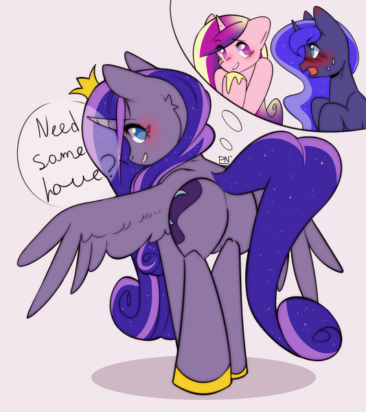 Size: 2209x2489 | Tagged: safe, artist:pledus, author:bigonionbean, derpibooru import, princess cadance, princess luna, oc, oc:princess luminescent love, alicorn, pony, blushing, butt, commissioner:bigonionbean, cutie mark, dialogue, embarrassed, ethereal mane, female, flank, fusion, fusion:princess luminescent love, image, jewelry, looking at you, lovebutt, mare, moonbutt, plot, png, regalia, spread wings, thought bubble, wings